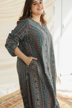 Qainat Blue Ajrakh Kali kurta