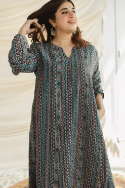 Qainat Blue Ajrakh Kali kurta