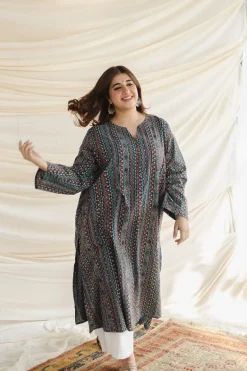 Qainat Blue Ajrakh Kali kurta