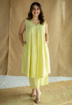 Raahi Lime Green Hand Block Print Slub Cotton A Line Kurta