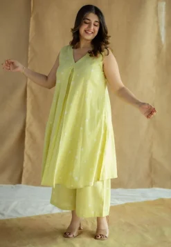 Raahi Lime Green Hand Block Print Slub Cotton A Line Kurta
