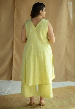 Raahi Lime Green Hand Block Print Slub Cotton A Line Kurta