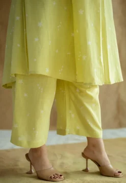 Raahi Lime Green Hand Block Print Slub Cotton A Line Kurta