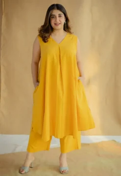 Raahi Mustard Solid Kala Cotton A Line Kurta