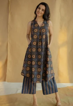 Raahi Navy Blue Ajrakh Cotton A Line Kurta