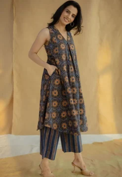 Raahi Navy Blue Ajrakh Cotton A Line Kurta