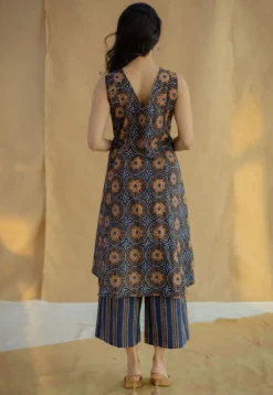Raahi Navy Blue Ajrakh Cotton A Line Kurta