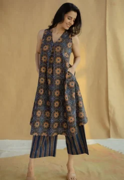 Raahi Navy Blue Ajrakh Cotton A Line Kurta