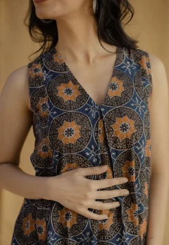 Raahi Navy Blue Ajrakh Cotton A Line Kurta