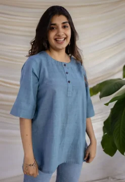 Rahie Blue Solid Organic Cotton Short Top