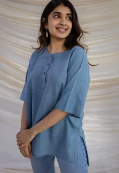 Rahie Blue Solid Organic Cotton Short Top