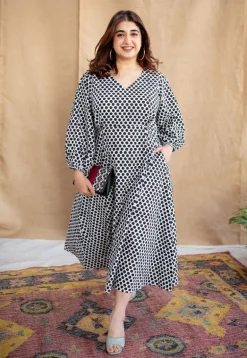 Rahima Black Hand Block Print Cotton A Line Dress