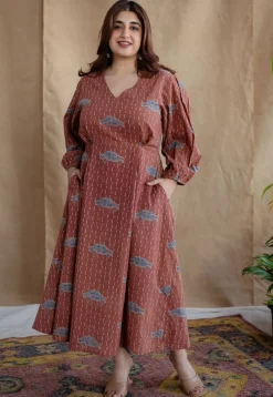 Rahima Brick Red Ajrakh Cotton A Line Dress