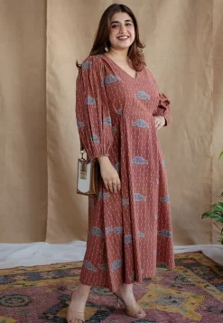 Rahima Brick Red Ajrakh Cotton A Line Dress