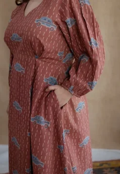 Rahima Brick Red Ajrakh Cotton A Line Dress