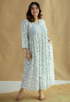 Ralia Sky Blue Hand Block Print Slub Cotton A Line Dress
