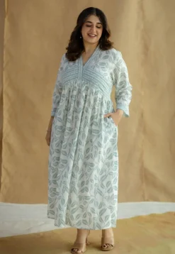 Ralia Sky Blue Hand Block Print Slub Cotton A Line Dress