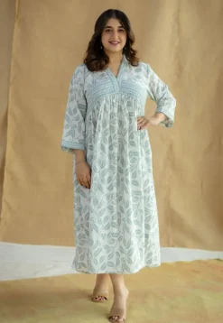 Ralia Sky Blue Hand Block Print Slub Cotton A Line Dress