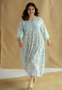 Ralia Sky Blue Hand Block Print Slub Cotton A Line Dress
