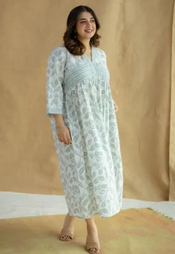 Ralia Sky Blue Hand Block Print Slub Cotton A Line Dress