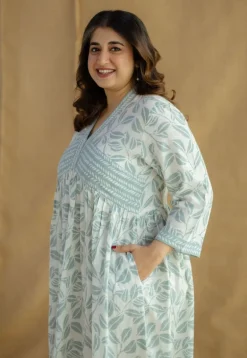 Ralia Sky Blue Hand Block Print Slub Cotton A Line Dress