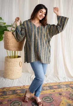 Ranim Ajrakh Cotton Hand Embroidered Top