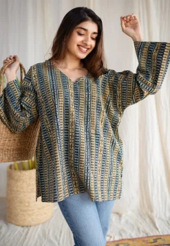 Ranim Ajrakh Cotton Hand Embroidered Top