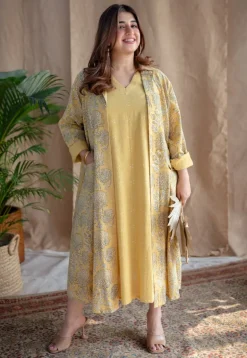 Rasia Yellow A Line Dabu Slub Cotton Jacket