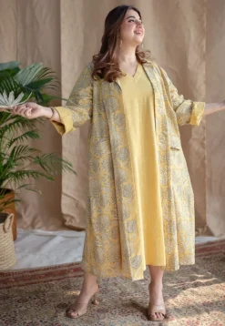 Rasia Yellow A Line Dabu Slub Cotton Jacket