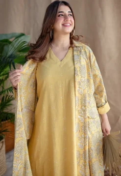 Rasia Yellow A Line Dabu Slub Cotton Jacket