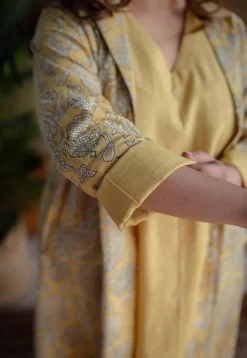 Rasia Yellow A Line Dabu Slub Cotton Jacket
