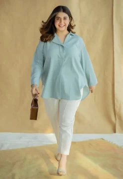 Reem Sky Blue Solid Slub Cotton Anti-Fit Short Top with Hand Embroidery