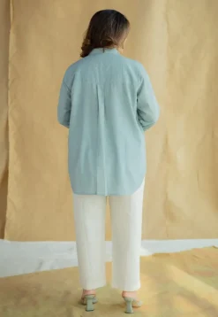 Reem Sky Blue Solid Slub Cotton Anti-Fit Short Top with Hand Embroidery