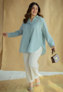 Reem Sky Blue Solid Slub Cotton Anti-Fit Short Top with Hand Embroidery