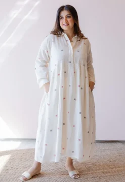 Rhea Off White Jamdani Handloom Cotton A Line Dress