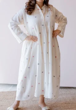 Rhea Off White Jamdani Handloom Cotton A Line Dress