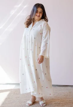 Rhea Off White Jamdani Handloom Cotton A Line Dress