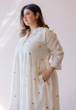 Rhea Off White Jamdani Handloom Cotton A Line Dress