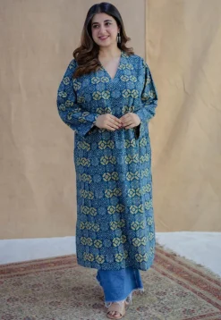 Ritika Blue Ajrakh Cotton Jhabba Kali Kurta