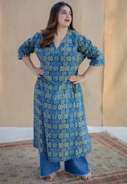 Ritika Blue Ajrakh Cotton Jhabba Kali Kurta