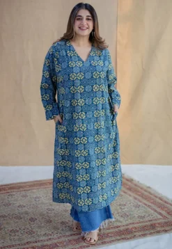 Ritika Blue Ajrakh Cotton Jhabba Kali Kurta