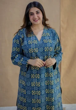 Ritika Blue Ajrakh Cotton Jhabba Kali Kurta