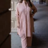 Riyah Peach Hand Block Print Slub Cotton A Line Kurta