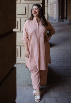 Riyah Peach Hand Block Print Slub Cotton A Line Kurta