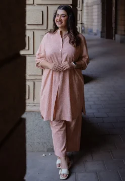 Riyah Peach Hand Block Print Slub Cotton A Line Kurta
