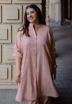 Riyah Peach Hand Block Print Slub Cotton A Line Kurta