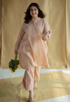 Riyah Peach Hand Block Print Slub Cotton A Line Kurta