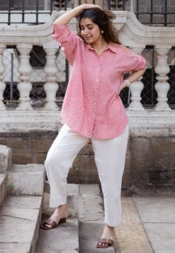 Ruhi Coral Hand Block Print Slub Cotton Anti-Fit Shirt