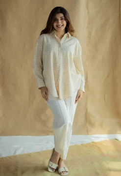 Ruhi Cream Hand Block Print Slub Cotton Anti-Fit Shirt