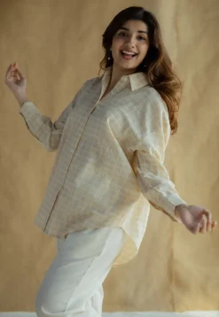 Ruhi Cream Hand Block Print Slub Cotton Anti-Fit Shirt